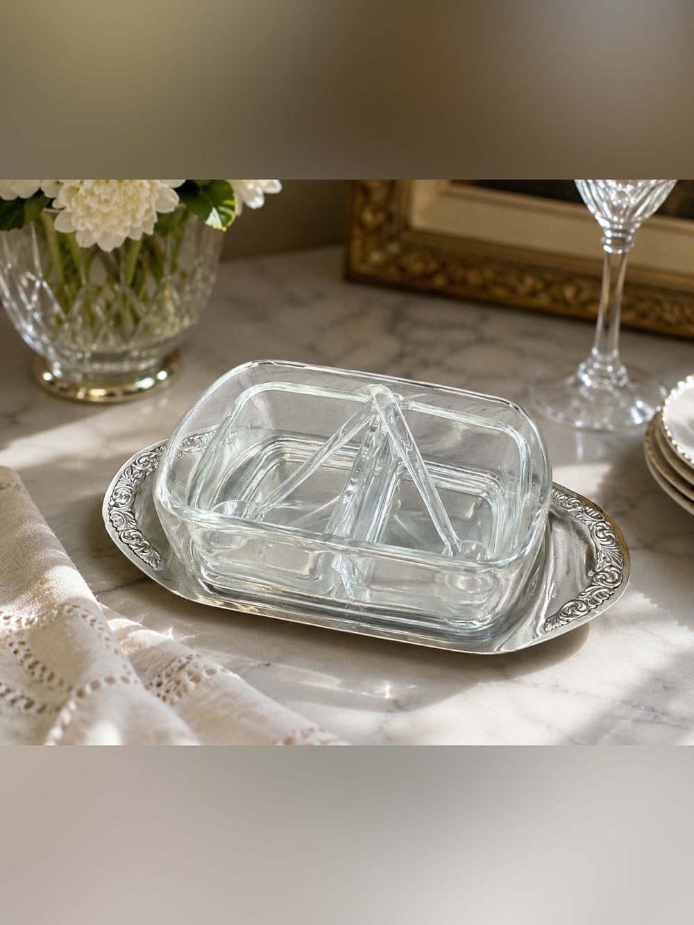 Vintage Silverplate & Glass Relish Tray Set | Divided Serving Dish- Elegant